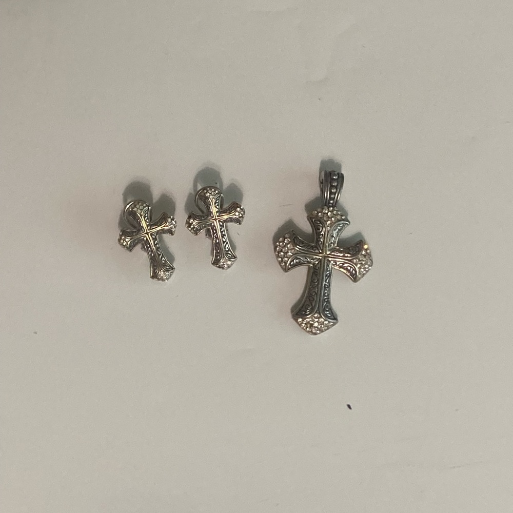 Silver and Gold Cross Pendant and Earrings Set